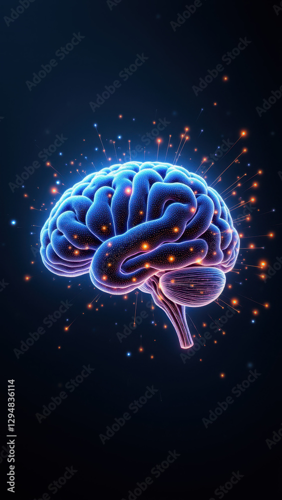 Fototapeta premium A vivid illustration showcasing artificial general intelligence with a glowing brain surrounded by digital particles.