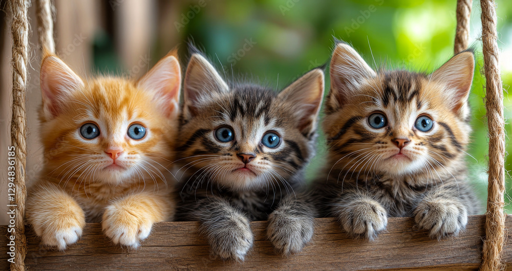 Three playful kittens perched on a ledge. Three cute kittens lean over a wooden ledge, playfully posed against a bright green backdrop.