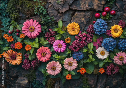 A vibrant arrangement of colorful flowers against a rocky background.