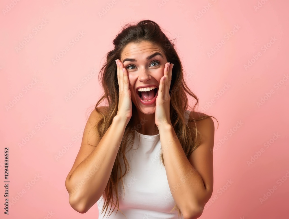 Excited young woman screaming with hands on face on pink background Excited young woman screaming with hands on face on pink background