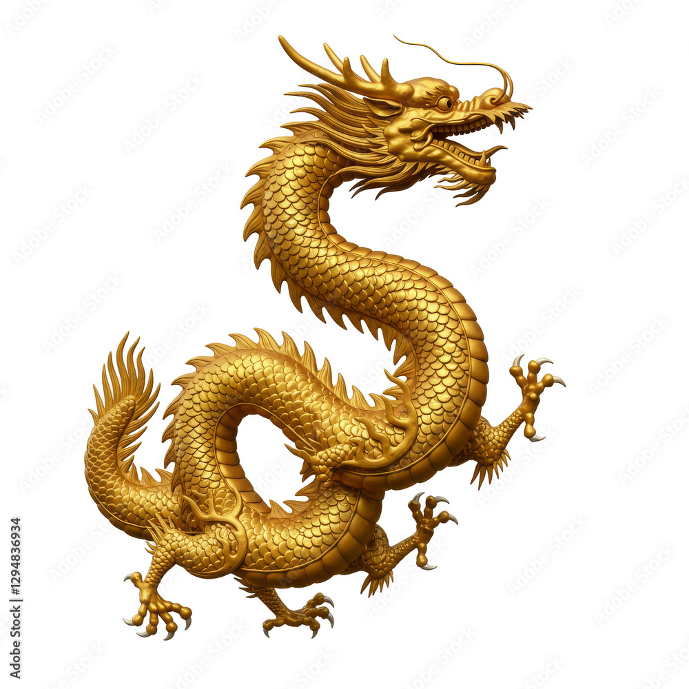 Obraz premium Golden chines Dragon isolated on transparent background, Golden Dragon PNG