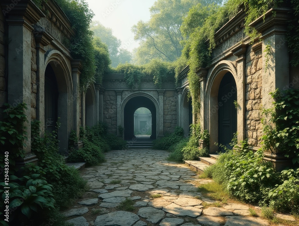 Obraz premium Stone arches and vines covering ancient ruins in mystical forest