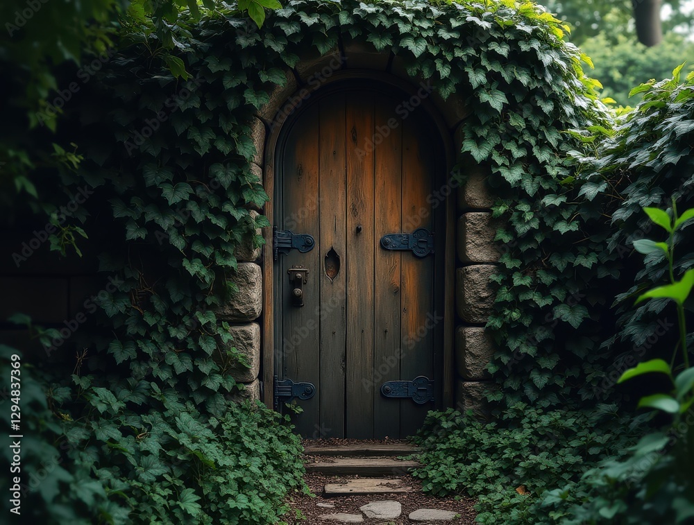Old wooden door covered in vines glowing faintly as if hiding a magical secret Old wooden door covered in vines glowing faintly as if hiding a magical secret