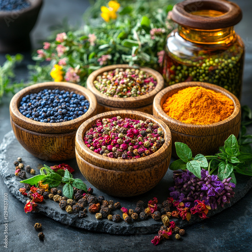 Colorful spices arranged in wooden bowls. Vibrant bowls filled with various spices are displayed on a dark surface, surrounded by fresh herbs and flowers. photo