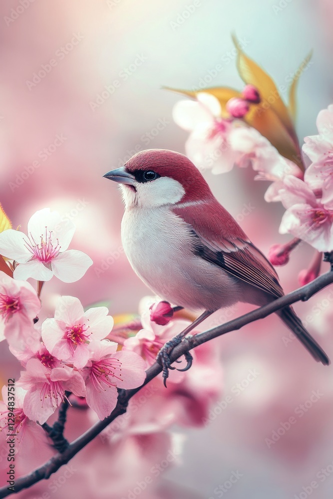 Bird on tree branch with beautiful flower in Spring. Bird on tree branch with beautiful flower in Spring.