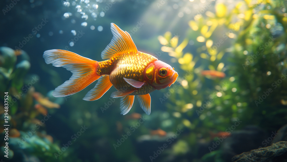 Goldfish in a clear tank. Colorful goldfish swims gracefully through a serene underwater environment, surrounded by lush green plants. Goldfish in a clear tank. Colorful goldfish swims gracefully through a serene underwater environment, surrounded by lush green plants.