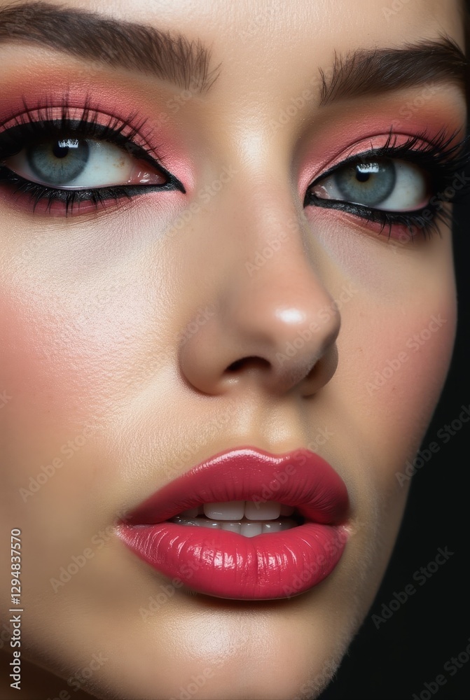 Close-up of woman wearing avant-garde makeup with bold lipstick and geometric eyeliner Close-up of woman wearing avant-garde makeup with bold lipstick and geometric eyeliner