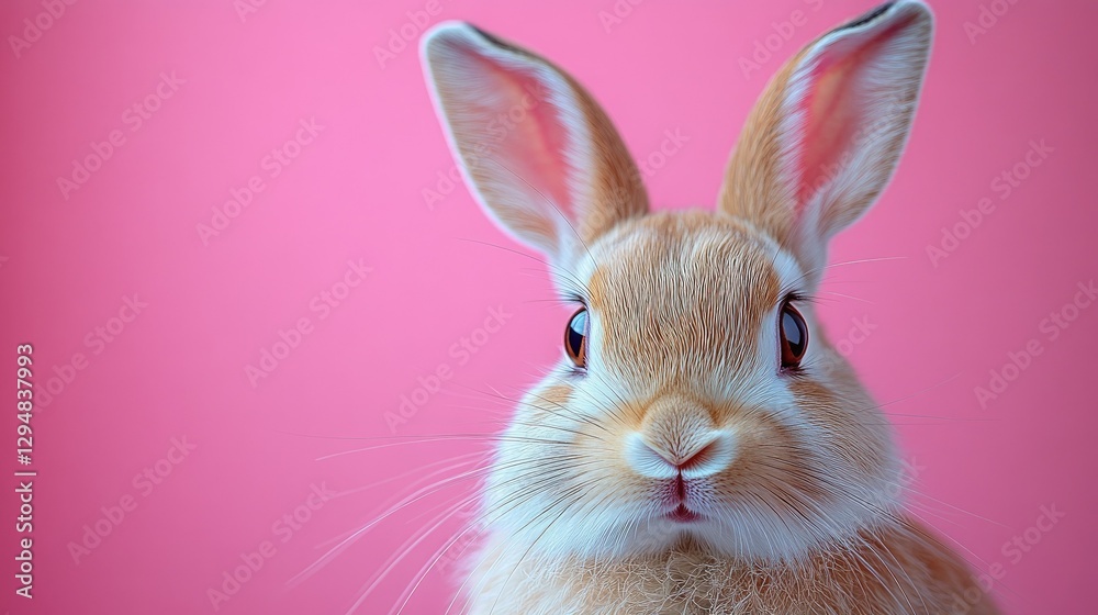 Obraz premium Photo of a little bunny, on a soft pink background Easter theme
