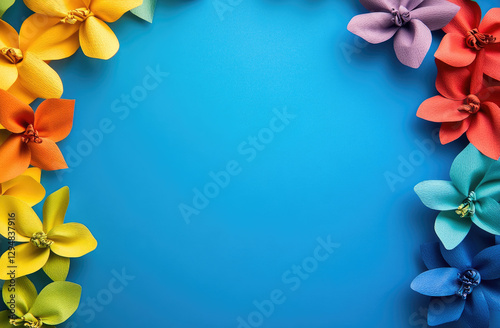 A vibrant arrangement of colorful flowers framing a blue background, perfect for designs.