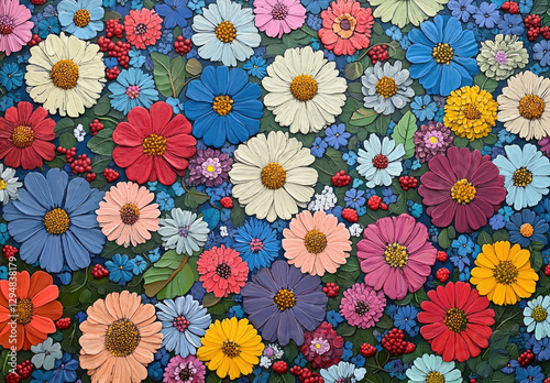 A vibrant arrangement of colorful flowers in various shapes and sizes.
