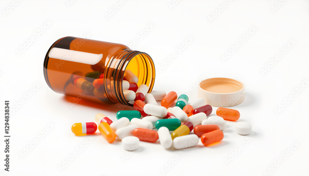 Assorted Pills Spilled from Amber Bottle on White Background. 3D Rendering, magazine photoshoot. with white shades Assorted Pills Spilled from Amber Bottle on White Background. 3D Rendering, magazine photoshoot. with white shades