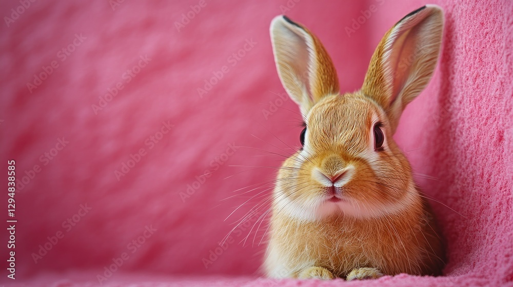 Fototapeta premium Photo of a little bunny, on a soft pink background Easter theme