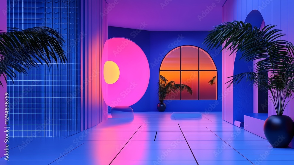Naklejka premium Aesthetic neon-lit interior design with palm trees and sunset view creating a vibrant and futuristic atmosphere enhanced by vivid colors