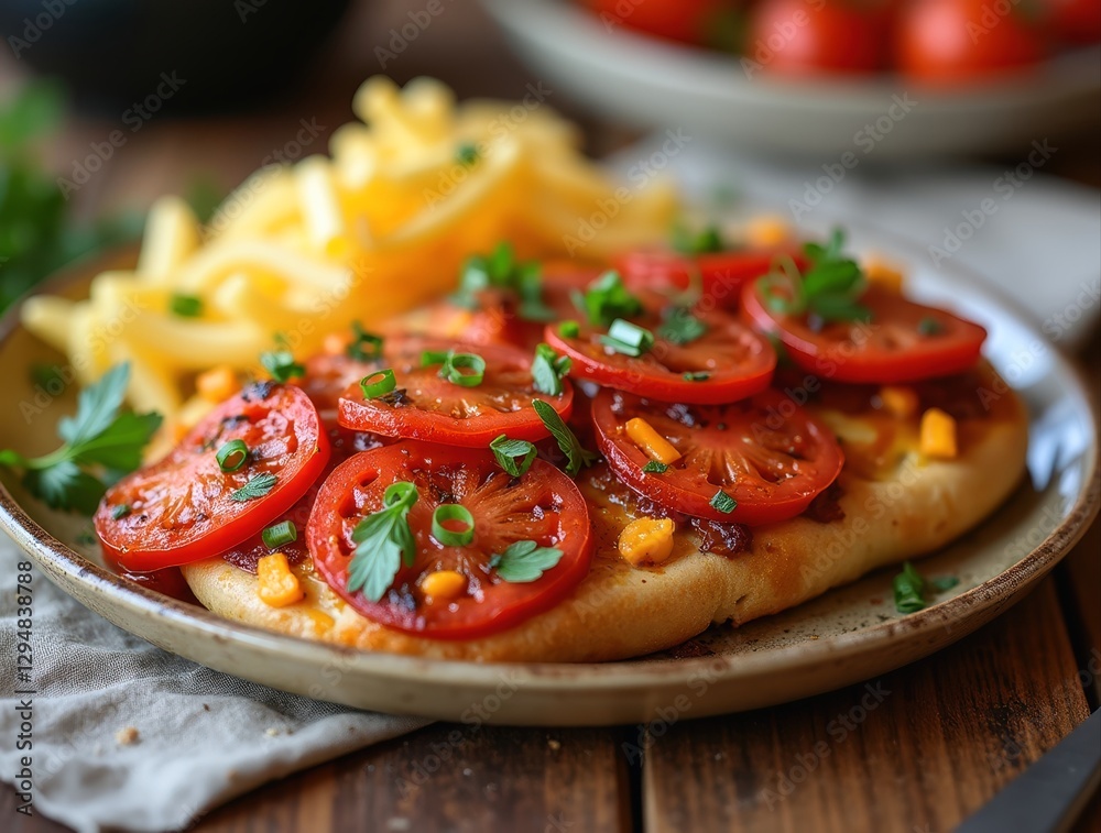 Delicious homemade pizza with tomatoes, herbs and french fries on a plate Delicious homemade pizza with tomatoes, herbs and french fries on a plate