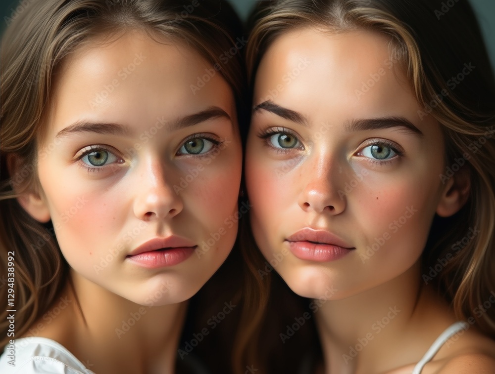 Identical twin sisters posing together showing natural beauty Identical twin sisters posing together showing natural beauty