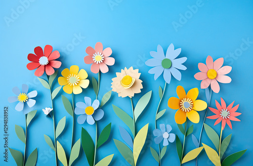 A vibrant arrangement of colorful paper flowers against a blue background.