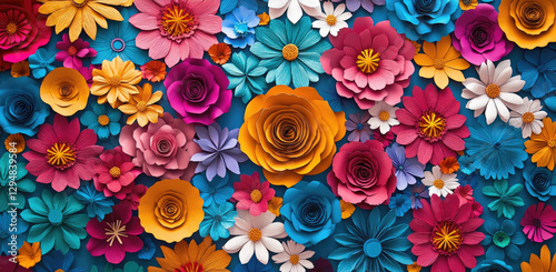 A vibrant arrangement of colorful paper flowers in various shapes and sizes.