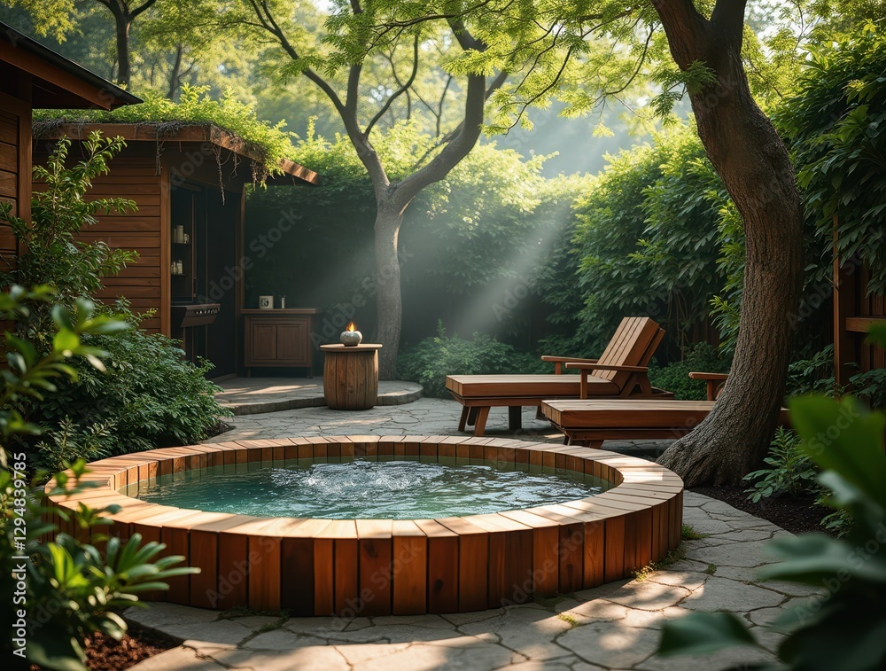 Obraz premium Wooden hot tub inviting relaxation in a peaceful garden setting