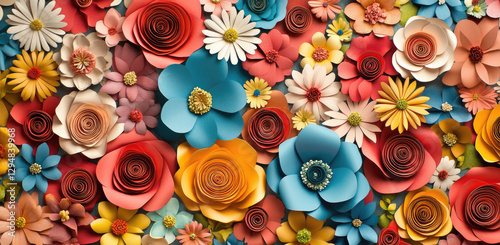 A vibrant arrangement of colorful paper flowers in various shapes and sizes.