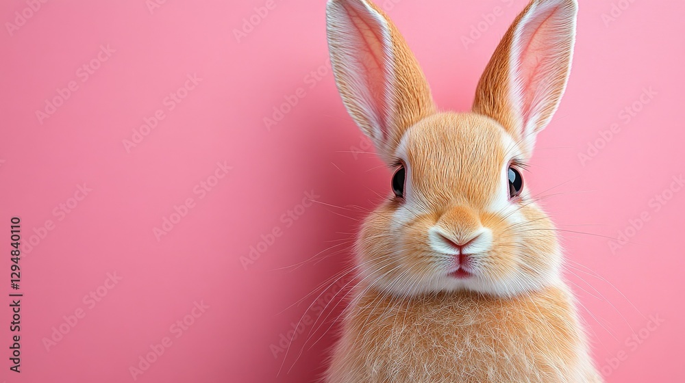 Obraz premium Photo of a little bunny, on a soft pink background Easter theme