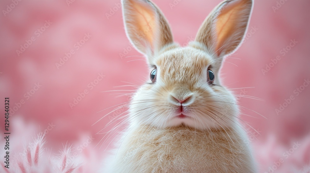 Obraz premium Photo of a little bunny, on a soft pink background Easter theme