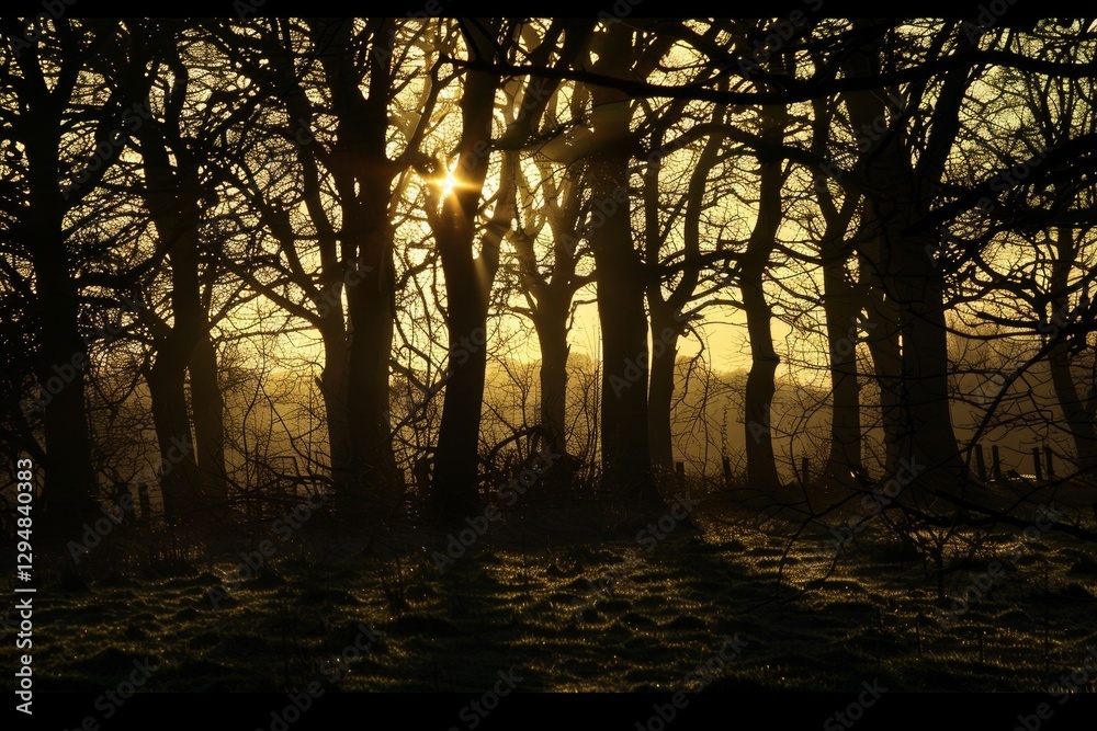 Silhouettes of trees stand tall against a golden sunrise, casting long shadows in a woodland clearing, Trees draped in shadows, silhouetted against the fading light of the day