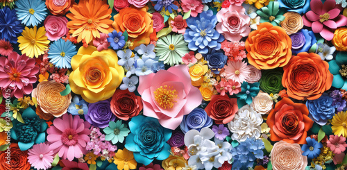 A vibrant arrangement of colorful paper flowers in various shapes and sizes.