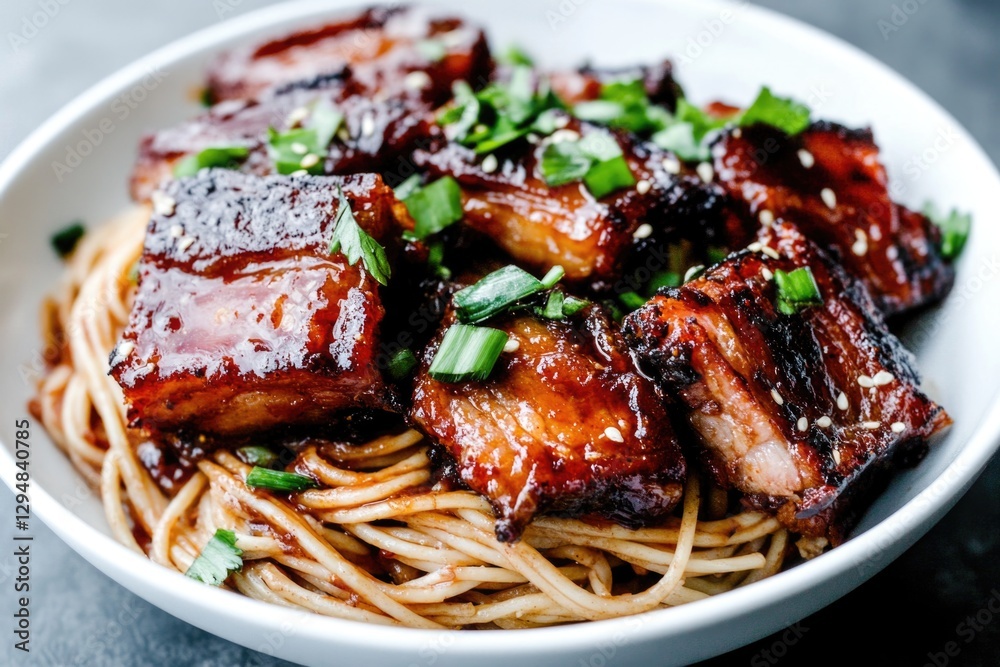 Glazed pork belly with noodles and green onions in a white bowl Glazed pork belly with noodles and green onions in a white bowl