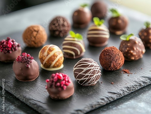 A detailed shot of chocolate truffles arranged on a slate plate, Food photography, Elegant and rich