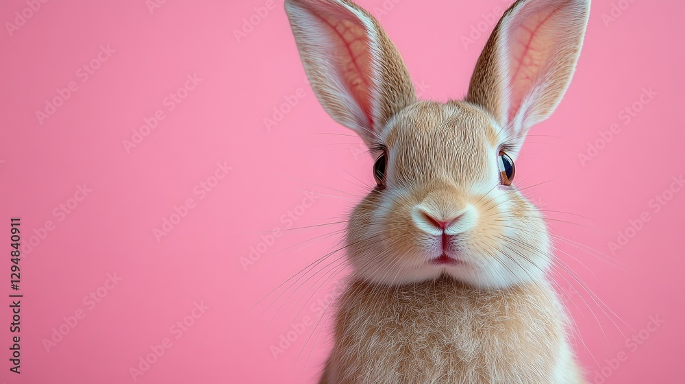 Obraz premium Photo of a little bunny, on a soft pink background Easter theme