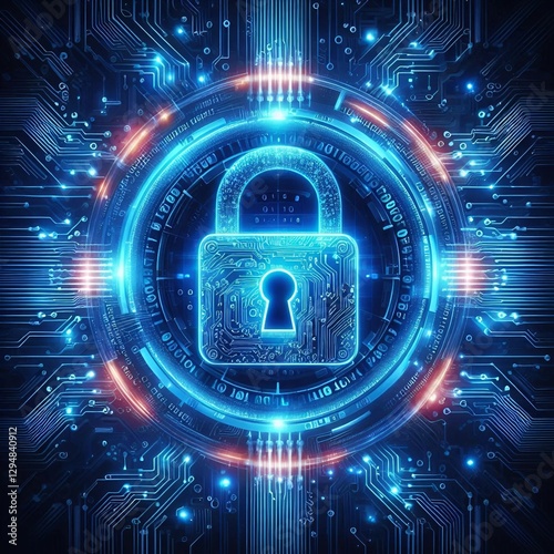 A padlock symbolizing cyber security on a digital background, representing technology and data protection.