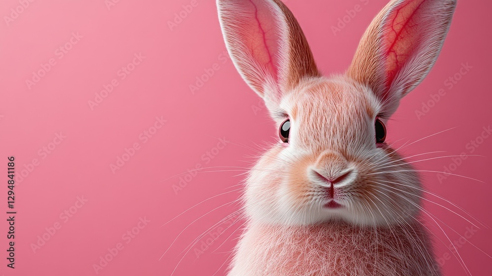 Obraz premium Photo of a little bunny, on a soft pink background Easter theme