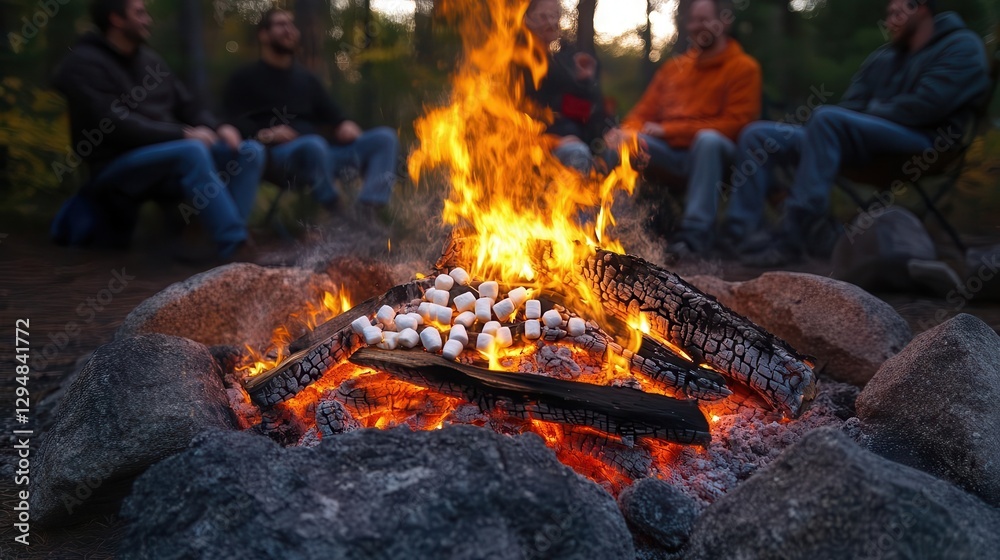 A group of friends sitting around a campfire, roasting marshmallows under the stars, Outdoors, Photography, Warm and inviting A group of friends sitting around a campfire, roasting marshmallows under the stars, Outdoors, Photography, Warm and inviting
