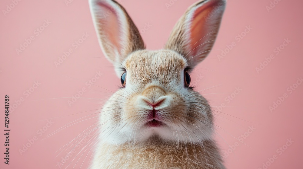 Obraz premium Photo of a little bunny, on a soft pink background Easter theme