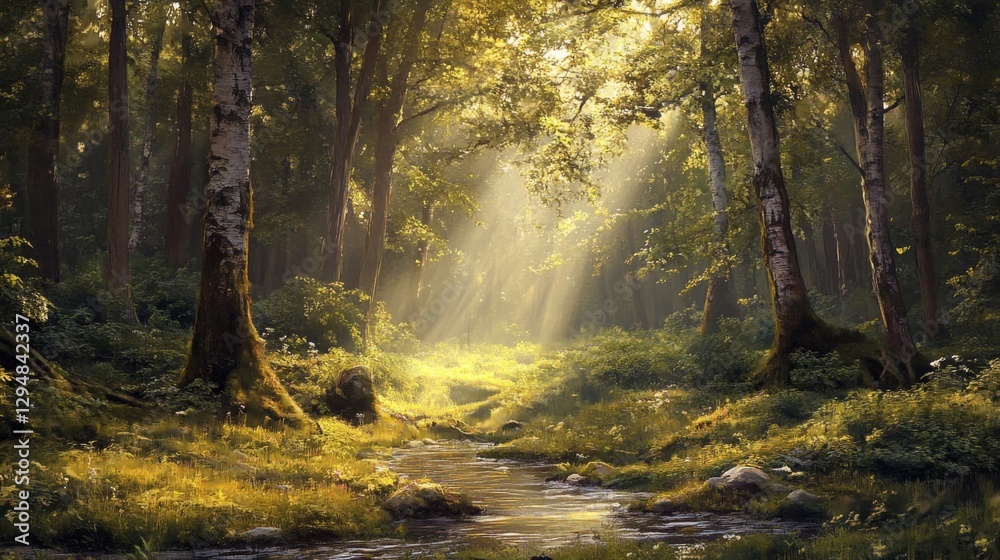 Obraz premium Sunlit Forest Path with Birch Trees and Stream