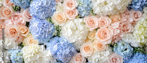 A vibrant arrangement of pastel roses and hydrangeas creating a floral backdrop.