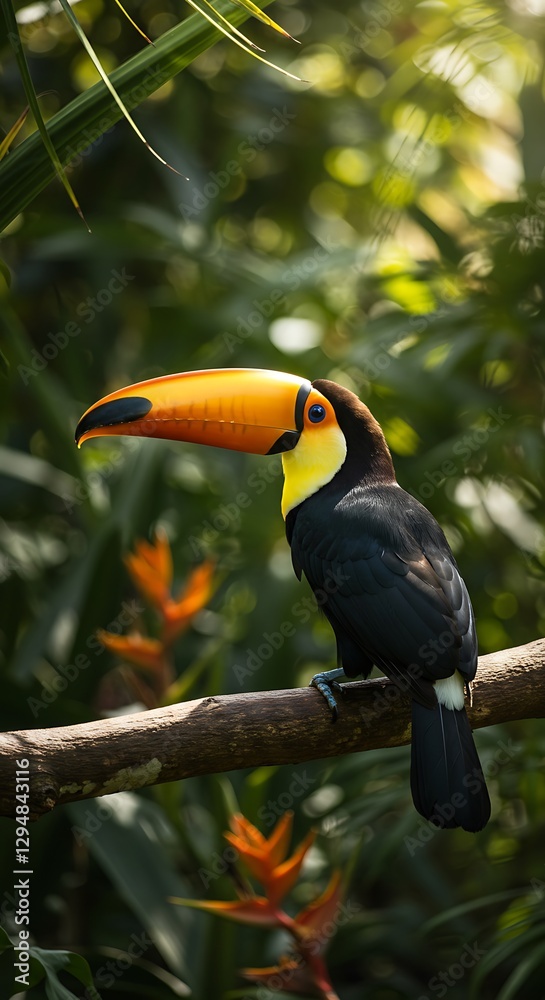 Naklejka premium Toucan Perched on Branch in Lush Rainforest Environment Natural Light