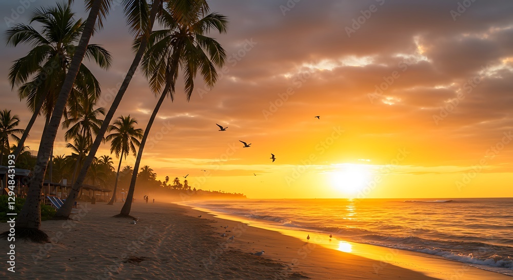 Fototapeta premium Tropical Beach at Sunrise with Palm Trees and Birds Flying