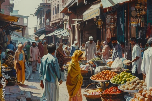 Bustling Market Scene in a Historic City, A vibrant street scene with people of various ethnicities interacting and exchanging goods photo