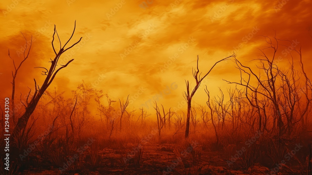 Fototapeta premium Eerie landscape with spectral trees merging abstract color field painting