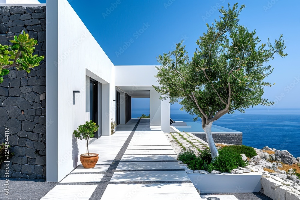 A white, modern villa with traditional Greek architectural elements sits overlooking the clear blue Aegean Sea, Combine traditional Greek architectural motifs with minimalist design principles A white, modern villa with traditional Greek architectural elements sits overlooking the clear blue Aegean Sea, Combine traditional Greek architectural motifs with minimalist design principles