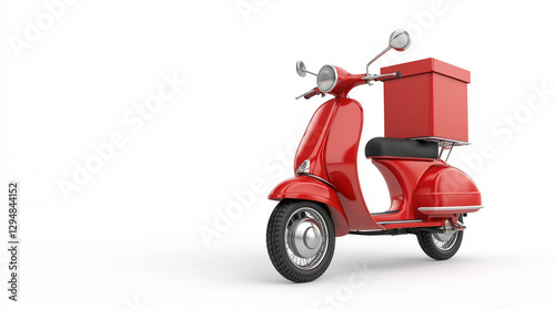 delivery classic  scooter  or   in red color and black  two wheels with red  food box isolated on right of white background