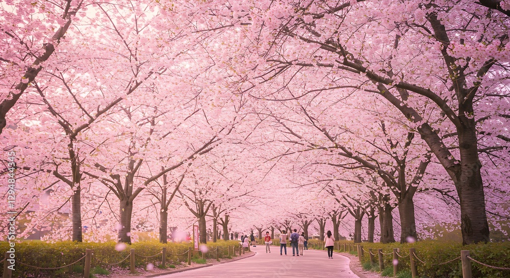 Naklejka premium Walking Under Cherry Blossoms Blooming in Spring Along Winding Path