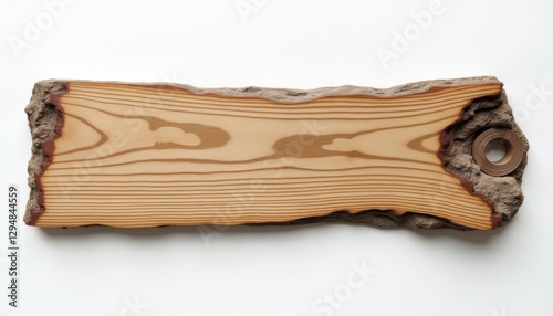 Oak wood sign cut out, slightly aged with visible grain, on white background