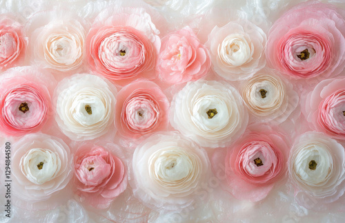 A vibrant arrangement of pink and white ranunculus flowers on a soft background.