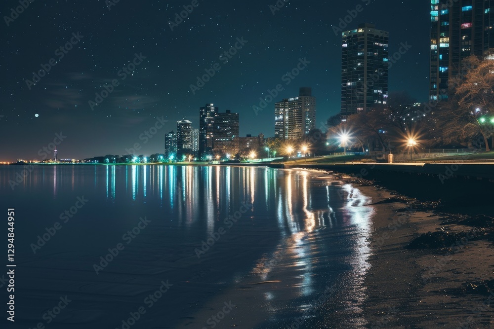 Naklejka premium A view of the Chicago skyline at night, with the citys lights reflecting in the calm waters of Lake Michigan, Showcase the reflection of city lights on Lake Michigan at night