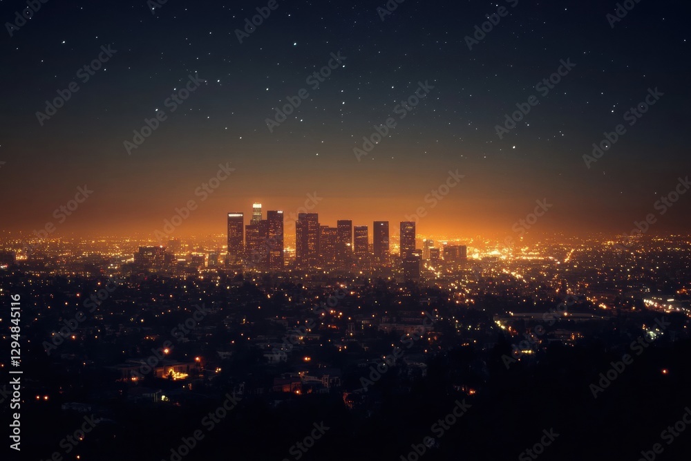 Fototapeta premium City skyline at night brightened by glowing lights and scattered stars above in a bustling urban landscape. Generative AI