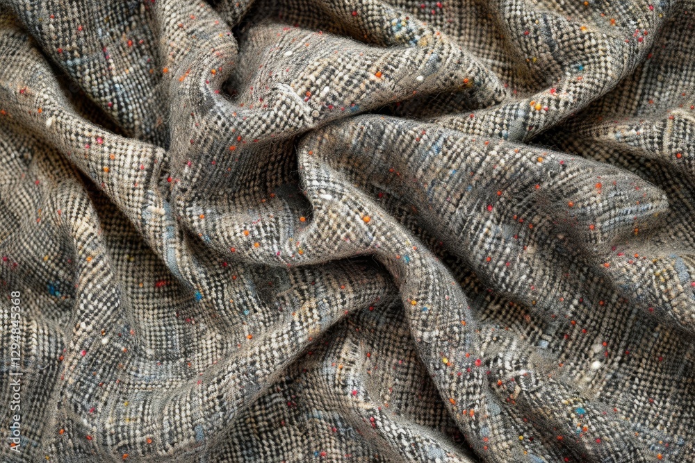 Fototapeta premium Close-up of light gray tweed fabric with black & white checks, specks of red, blue, yellow, and orange, A nubby and rough tweed fabric with flecks of color