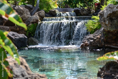 A peaceful scene of a waterfall cascading into a clear pool, surrounded by lush greenery, A tranquil waterfall cascading into a crystal-clear pool