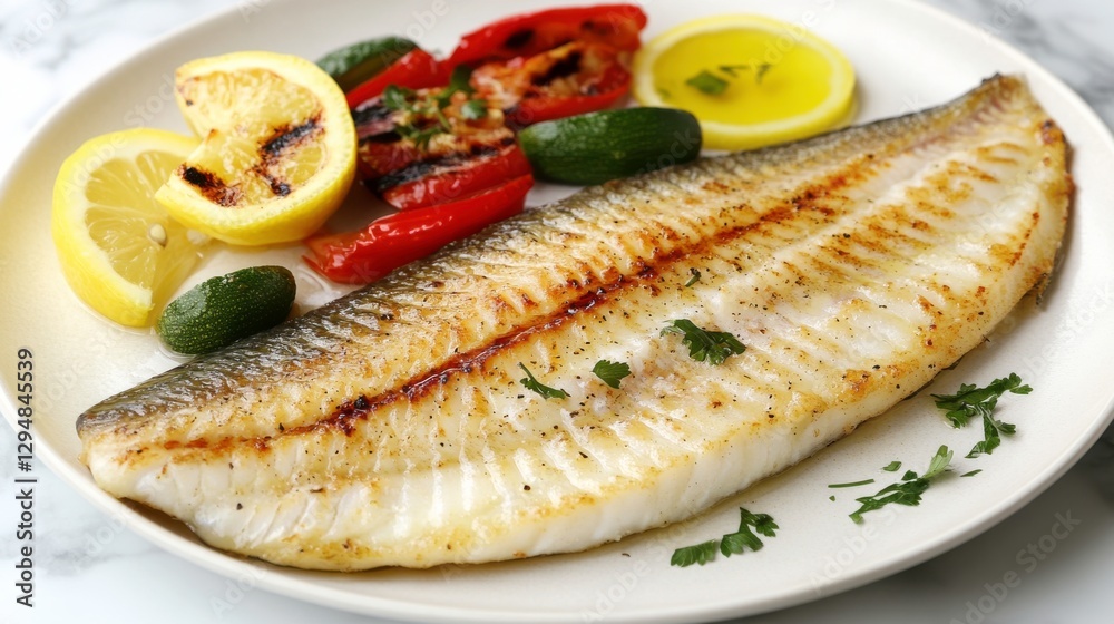 Grilled Fish Fillet with Lemon and Vegetables Grilled Fish Fillet with Lemon and Vegetables
